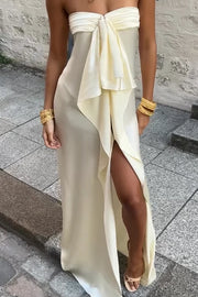 Classic Satin Sleeveless Ruffle Split Party Prom Dress With Train