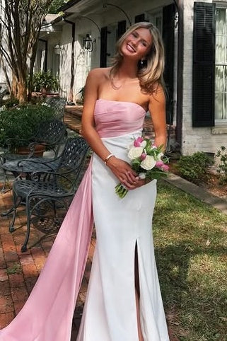 Classic Satin Strapless Party Prom Dress With Leg Slit And Train
