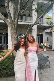 Classic Satin Strapless Party Prom Dress With Leg Slit And Train