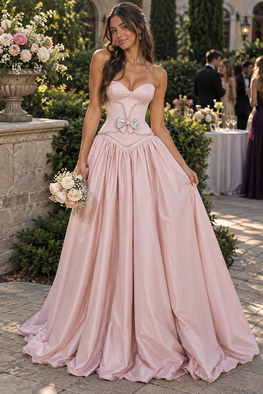 Classic Sweetheart Strapless A-Line Beaded Formal Party Prom Dress