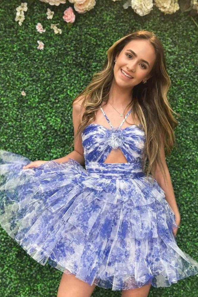 Colorful Halter Empire Chiffon A-Line Tiered Short Homecoming Dress