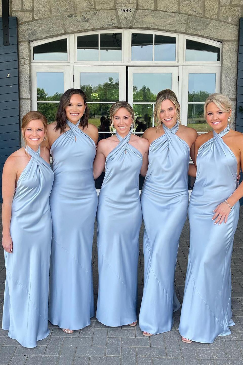 Corss Halter Backless Satin Mermaid Long Bridesmaid Dress