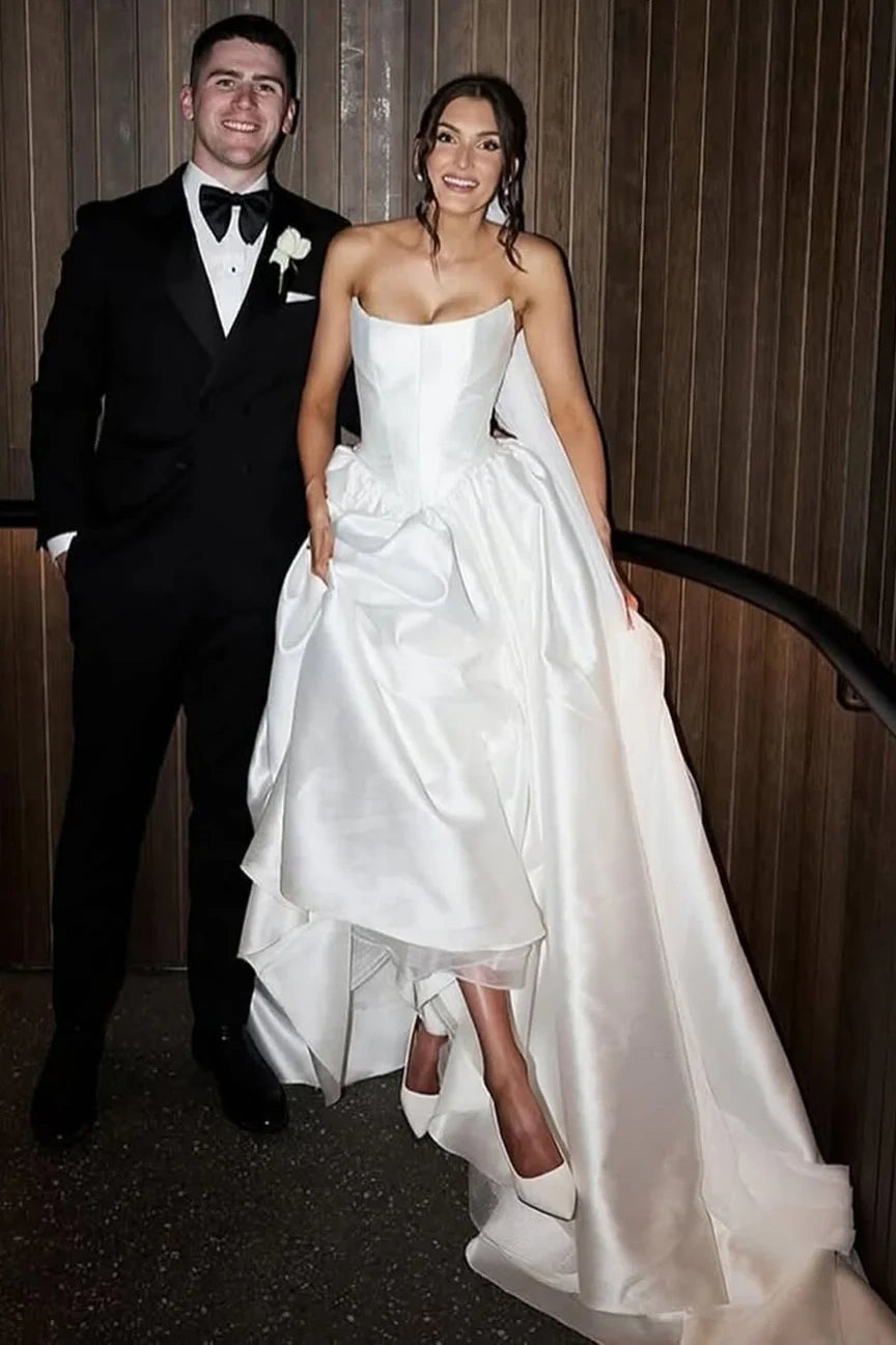 Couture Satin A-Line Strapless High Waist Wedding Dress White / US 6