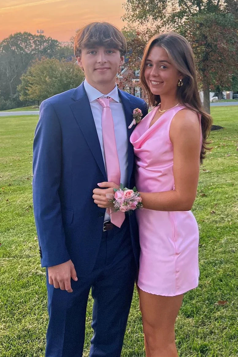 Cowl Neck Satin Sheath Pink Mini Party Homecoming Dress