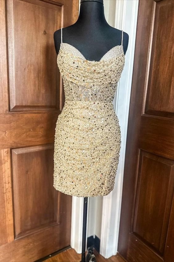 Cowl Neck Gold Sequin Tight Party Close VIew