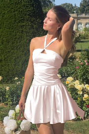 Cute A-Line Satin Halter Sleeveless Pleated Short Party Homecoming Dress