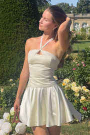 Cute A-Line Satin Halter Sleeveless Pleated Short Party Homecoming Dress