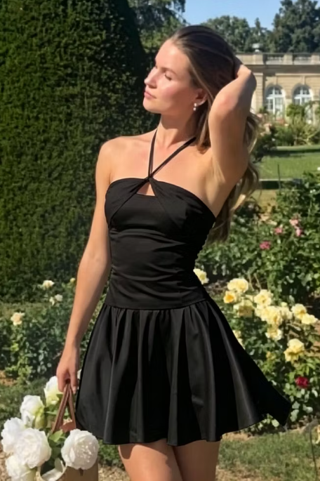 Cute A-Line Satin Halter Sleeveless Pleated Short Party Homecoming Dress