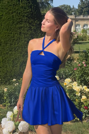 Cute A-Line Satin Halter Sleeveless Pleated Short Party Homecoming Dress