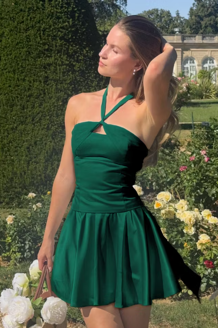 Cute A-Line Satin Halter Sleeveless Pleated Short Party Homecoming Dress