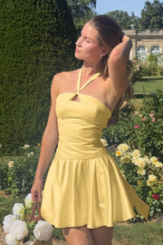 Cute A-Line Satin Halter Sleeveless Pleated Short Party Homecoming Dress