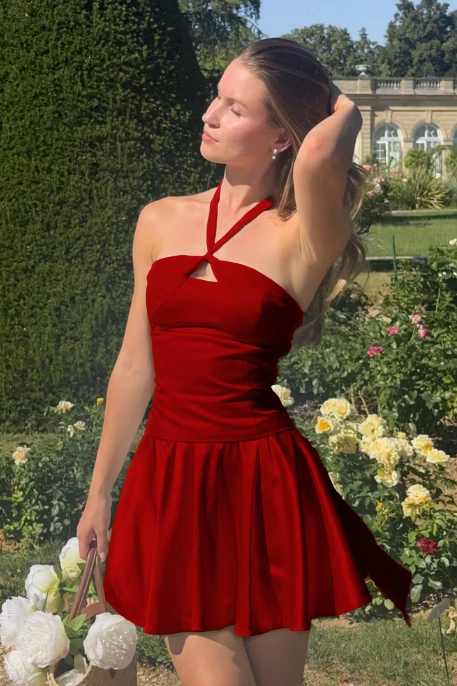 Cute A-Line Satin Halter Sleeveless Pleated Short Party Homecoming Dress