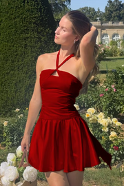 Cute A-Line Satin Halter Sleeveless Pleated Short Party Homecoming Dress