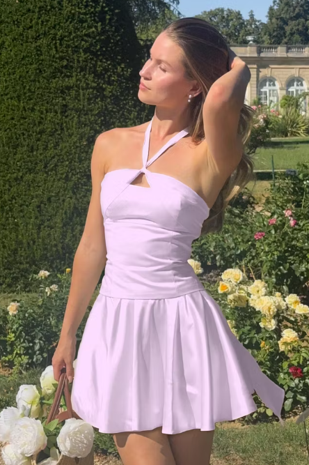 Cute A-Line Satin Halter Sleeveless Pleated Short Party Homecoming Dress