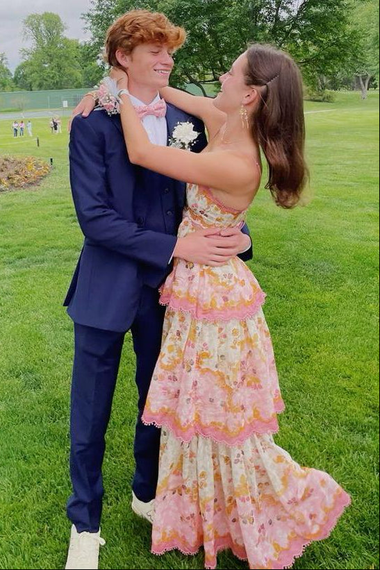 Cute A-Line Spaghetti Straps Tiered Floral Party Prom Dress