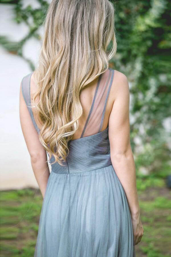 Cute A-Line V-Neck Sleeveless Tulle Long Bridesmaid Dress