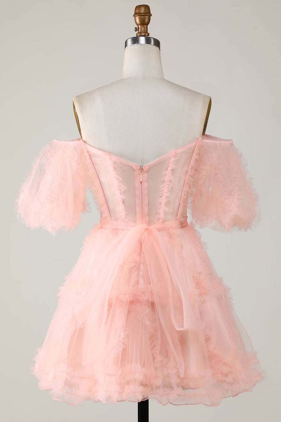 Blush Pink A-line Off-the-Shoulder Ruffled Puff Sleeves Homecoming Dress