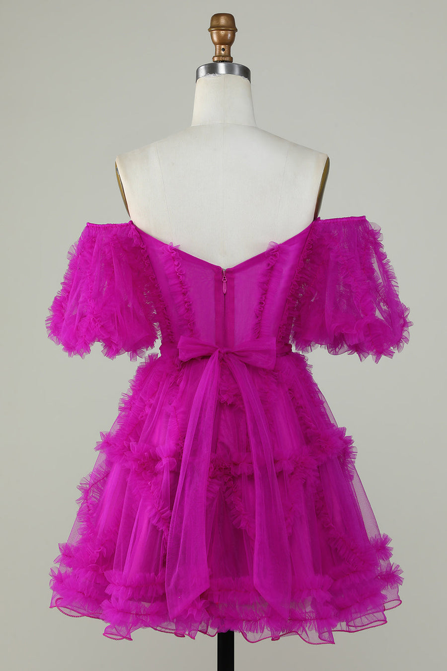 Fuchsia A-line Off-the-Shoulder Ruffled Puff Sleeves Homecoming Dress