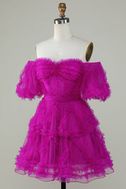 Fuchsia A-line Off-the-Shoulder Ruffled Puff Sleeves Homecoming Dress