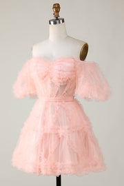 Blush Pink A-line Off-the-Shoulder Ruffled Puff Sleeves Homecoming Dress