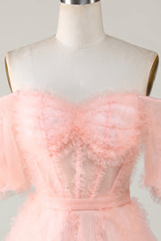 Blush Pink A-line Off-the-Shoulder Ruffled Puff Sleeves Homecoming Dress