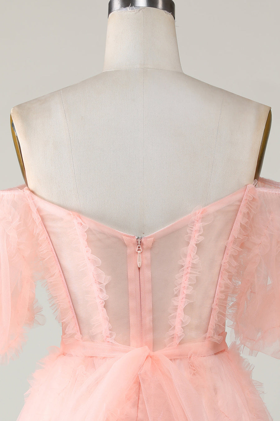 Blush Pink A-line Off-the-Shoulder Ruffled Puff Sleeves Homecoming Dress
