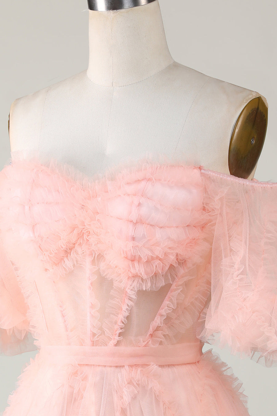 Blush Pink A-line Off-the-Shoulder Ruffled Puff Sleeves Homecoming Dress