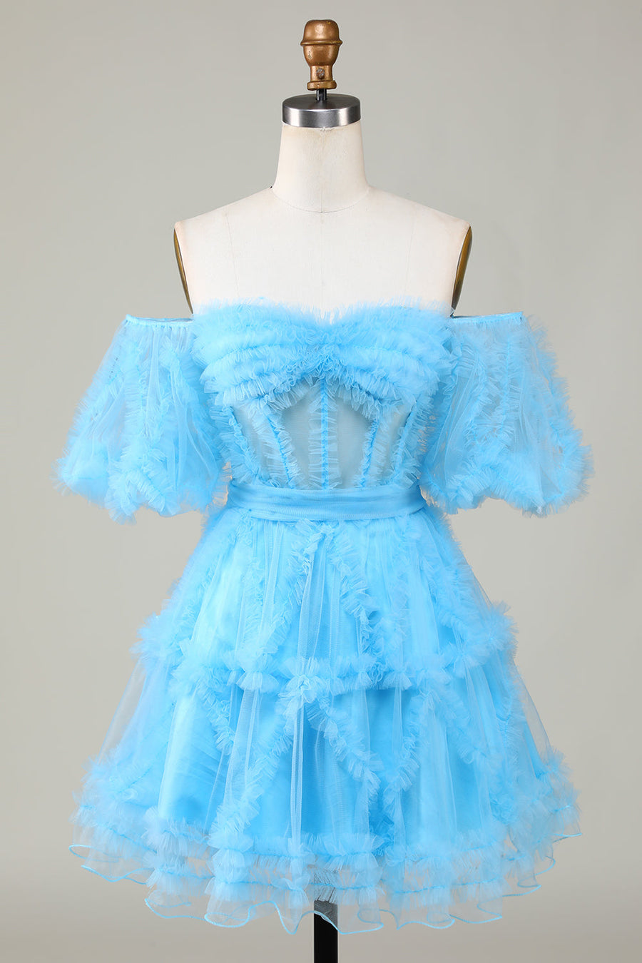 Sky Blue A-line Off-the-Shoulder Ruffled Puff Sleeves Homecoming Dress