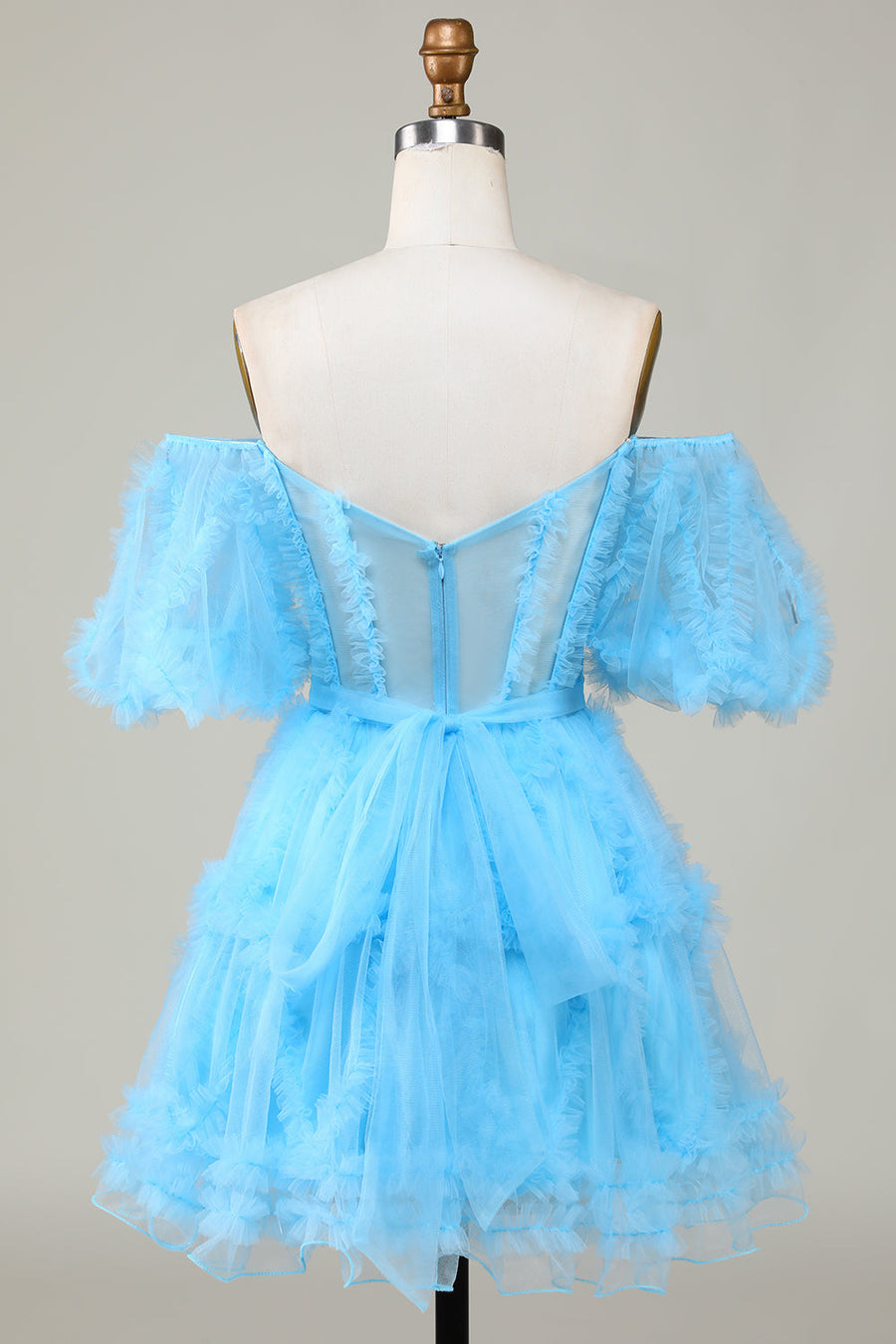 Sky Blue A-line Off-the-Shoulder Ruffled Puff Sleeves Homecoming Dress