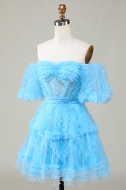 Sky Blue A-line Off-the-Shoulder Ruffled Puff Sleeves Homecoming Dress
