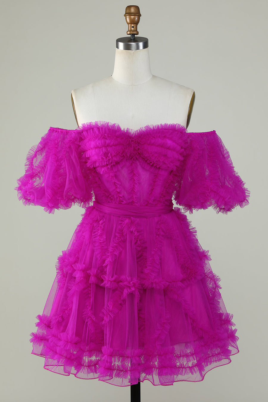 Fuchsia A-line Off-the-Shoulder Ruffled Puff Sleeves Homecoming Dress