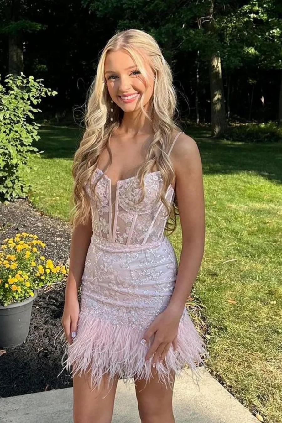 Sky Blue Corset Lace Tight Short Homecoming Dress with Feathers Pink / 2 Sky Blue Corset Lace Tight Short Homecoming Dress with Feathers Pink / 2