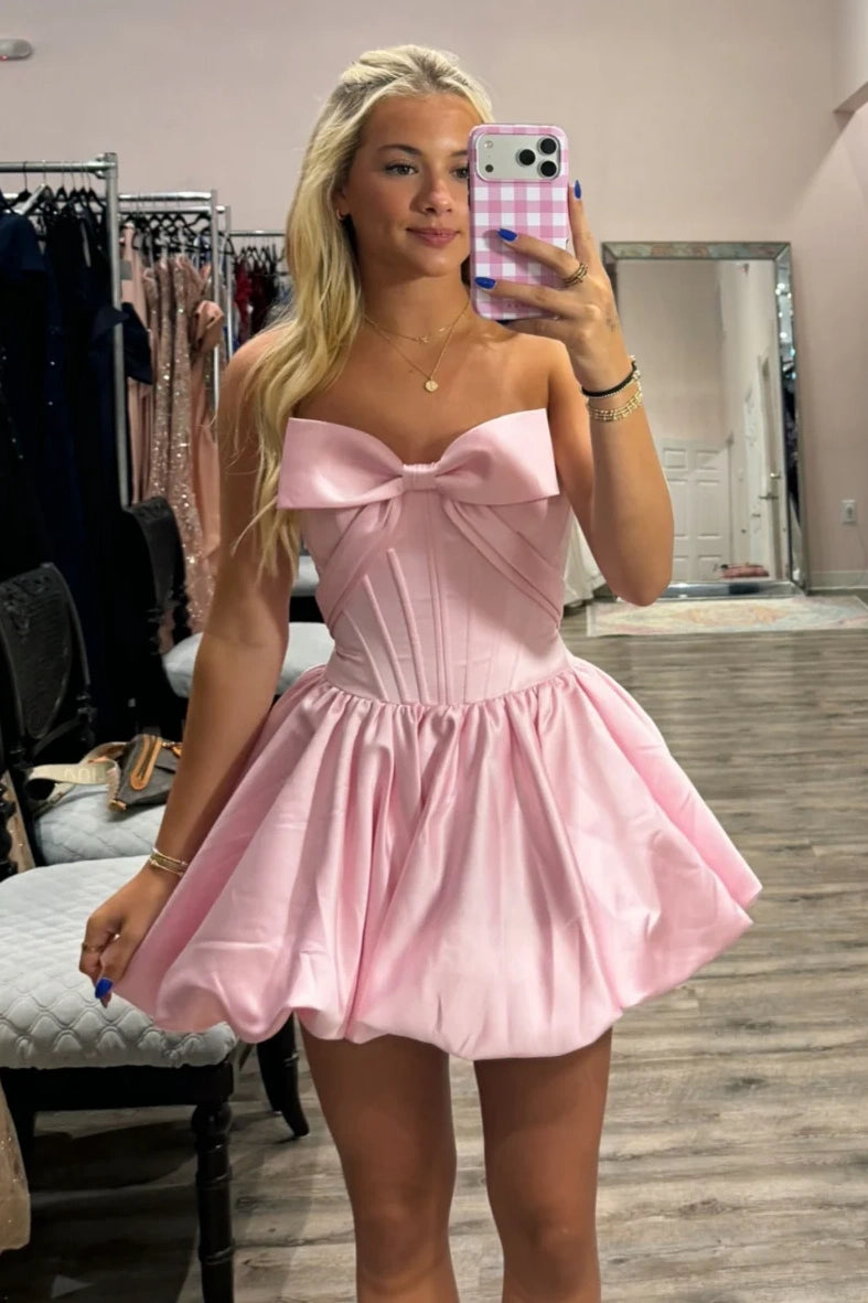 Cute Bow Strapless A-Line Sleeveless Flower Bud Homecoming Dress