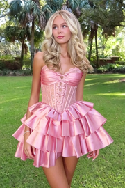 Cute Lace And Satin A-Line Sleeveless Tiered Short Party Homecoming Dress