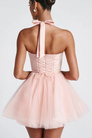 Cute Pink A-Line Sweetheart Halter Satin And Tulle Homecoming Dress