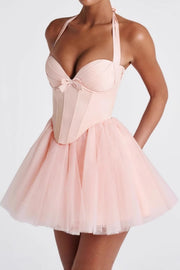 Cute Pink A-Line Sweetheart Halter Satin And Tulle Homecoming Dress