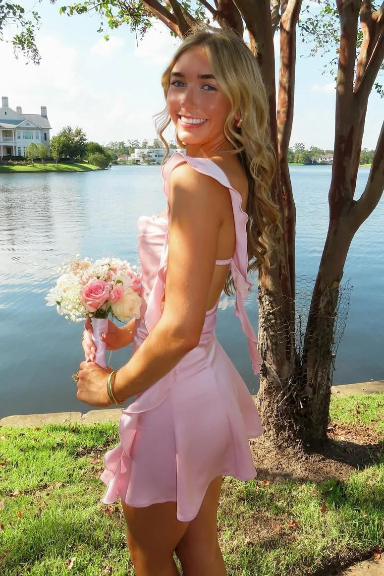pink silk homecoming dresses A-line Off Shoulder Satin Pink Short Prom Dress, Pink Homecoming dress US 8 / Pink