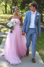 Cute Pink Strapless Empire Tulle A-Line Long Party Prom Dress