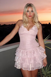 Cute Pink V-Neck A-Line Tiered Homecoming Party Dress