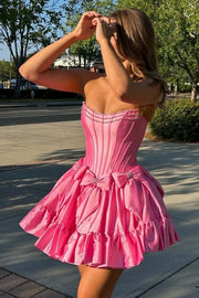 Cute Satin A-Line Bateau Strapless Beaded Homecoming Dress With Bows