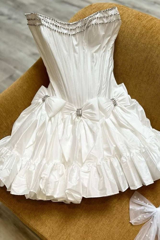 Cute Satin A-Line Bateau Strapless Beaded Homecoming Dress With Bows