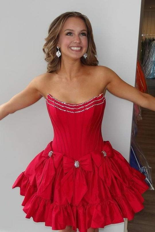 Cute Satin A-Line Bateau Strapless Beaded Homecoming Dress With Bows