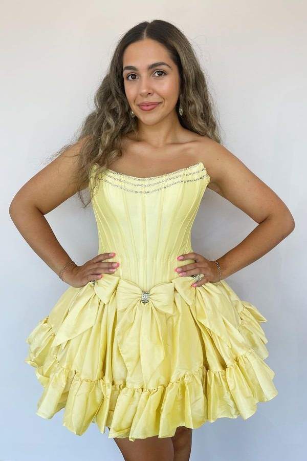 cute strapless dresses Satin A-Line Bateau Beaded Homecoming Dress With Bows Yellow / US 12 May be worn with Size:34W | 34-36L adjustable corset Reformation Has All Your