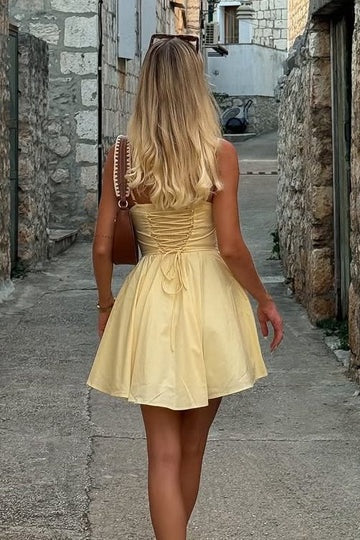 Cute Satin A-Line Low V-Neck Lace Up Homecoming Dress