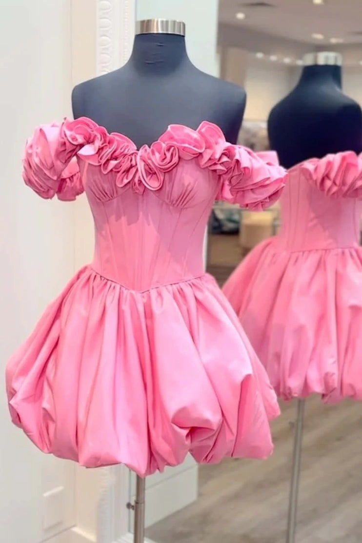 Cute Satin A-Line Off-Shoulder Empire Short Homecoming Dress