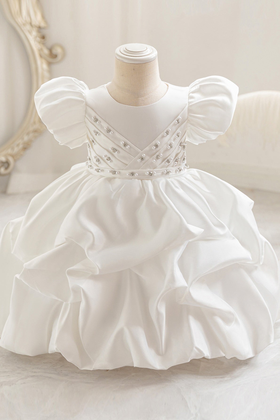 Cute Satin A-Line Round Short Sleeves Pearl Flower Girl Dress