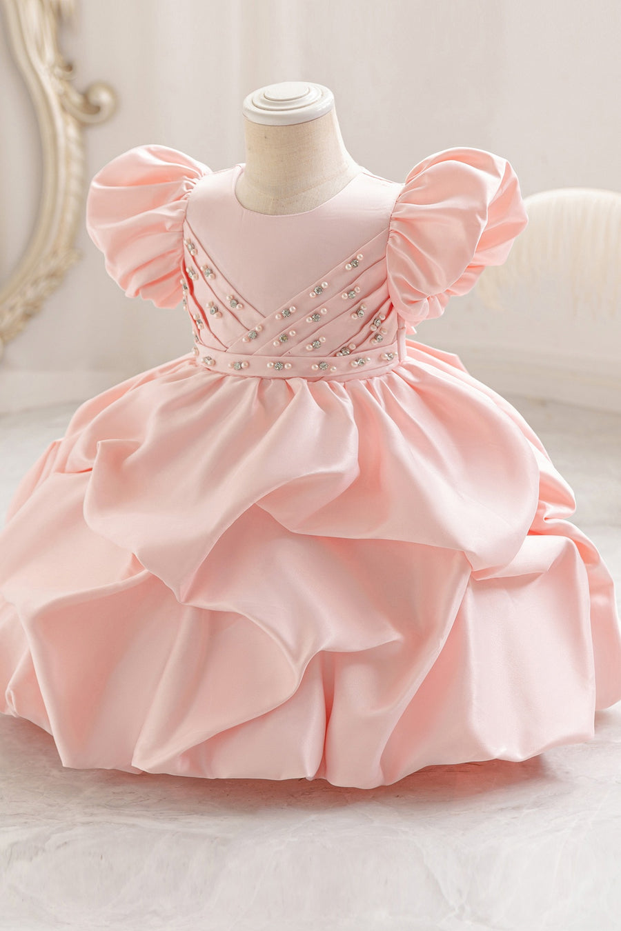 Cute Satin A-Line Round Short Sleeves Pearl Flower Girl Dress