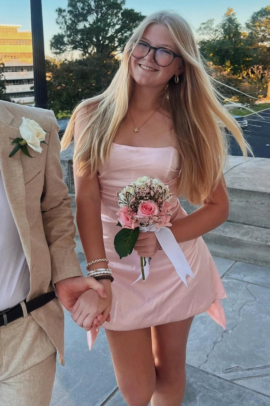 Cute Satin A-Line Strapless Empire Homecoming Dress