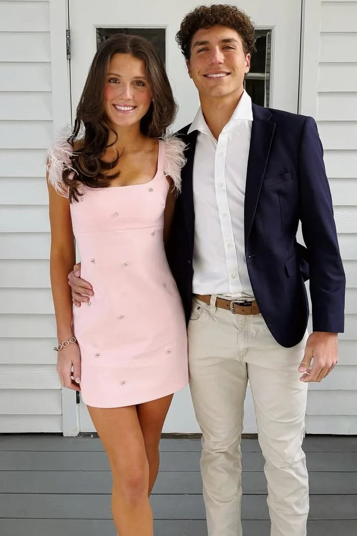 Cute Satin Fitted Square Feathers Straps Mini Homecoming Dress