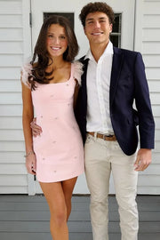 Cute Satin Fitted Square Feathers Straps Mini Homecoming Dress